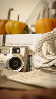 A composition featuring a vintage camera alongside a paper flower crafted from book pages. In the background, there are small pumpkins and a book, creating an autumnal and literary theme.