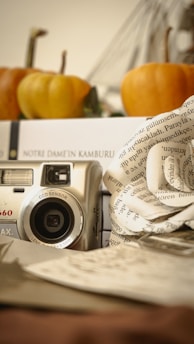 A composition featuring a vintage camera alongside a paper flower crafted from book pages. In the background, there are small pumpkins and a book, creating an autumnal and literary theme.