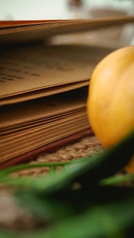 An open PDF document on a table surrounded by healthy lifestyle items like fruits and plants.