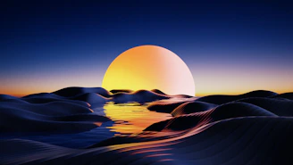 An alien landscape with strange plants and two suns setting.