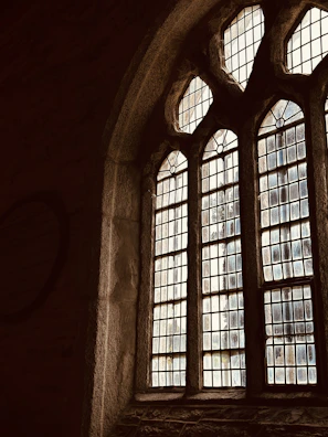 Elegant geometric stained glass panel reflecting soft morning light.