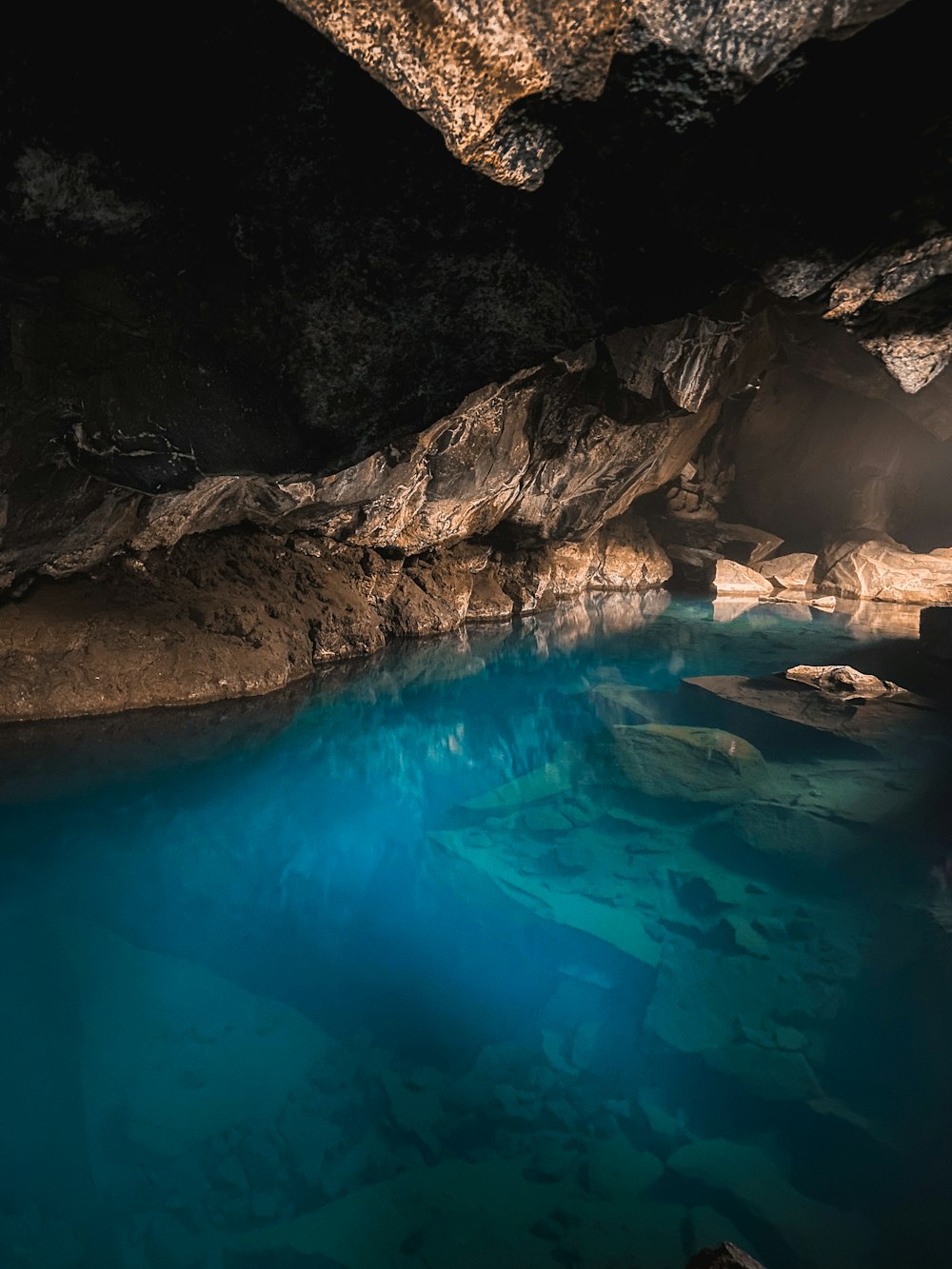 a large pool of water in a cave
