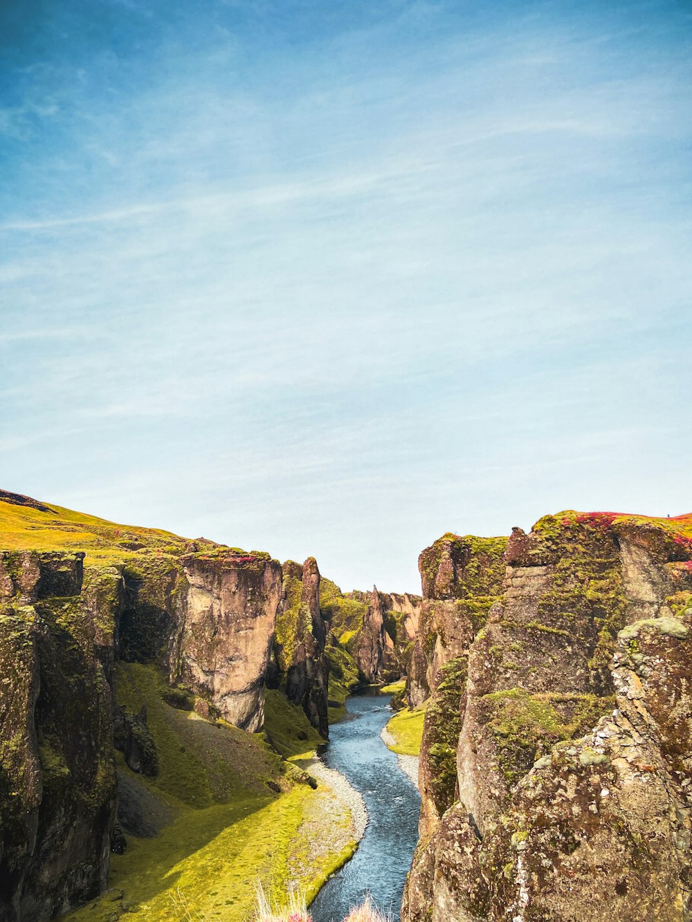 a river running through a lush green valley