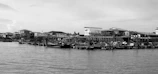Black and white photo of a historic Southern Maryland waterfront with fishing boats.
