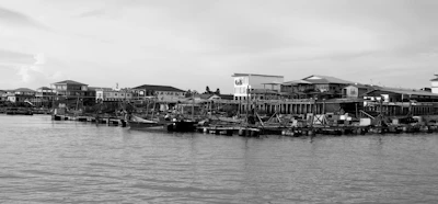 Black and white photo of a historic Southern Maryland waterfront with fishing boats.