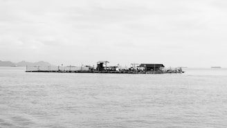 A solitary floating structure positioned in a vast body of water, possibly an aquaculture platform or fisherman's hut. The horizon features distant landmasses and ships, under a cloudy sky.