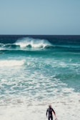 A surfer in a wetsuit stands on the shore, holding a surfboard, while observing the ocean waves. Several surfers are visible riding the waves in the background under a clear sky.