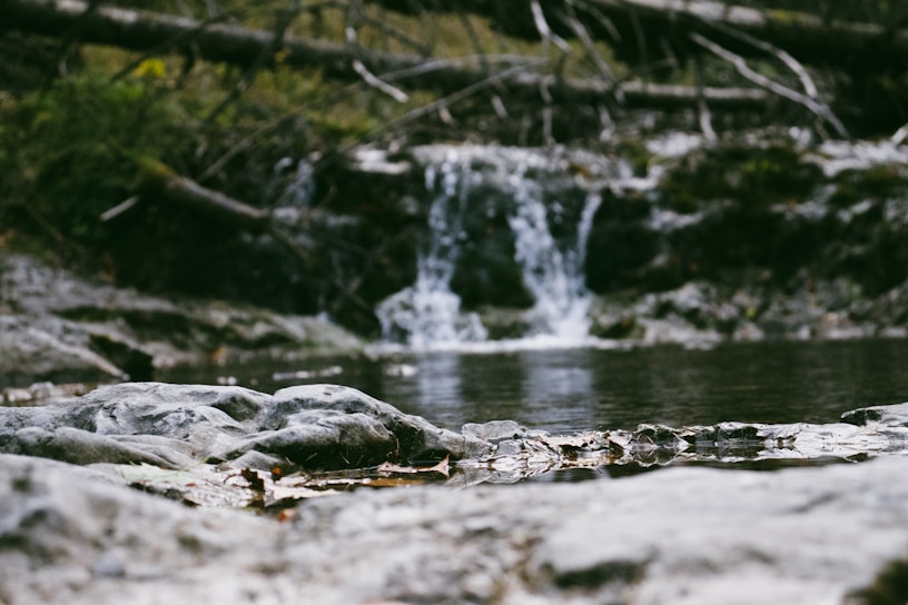 A tranquil scene of a small waterfall flowing into a shallow pool, surrounded by rocks and fallen branches. The setting appears to be in a forested area, with greenery and natural elements creating a serene atmosphere. The water cascades gently over moss-covered stones, creating a soothing natural sound.