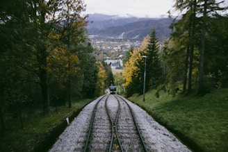 A scenic railway track winding through a forest with vibrant fall colors.