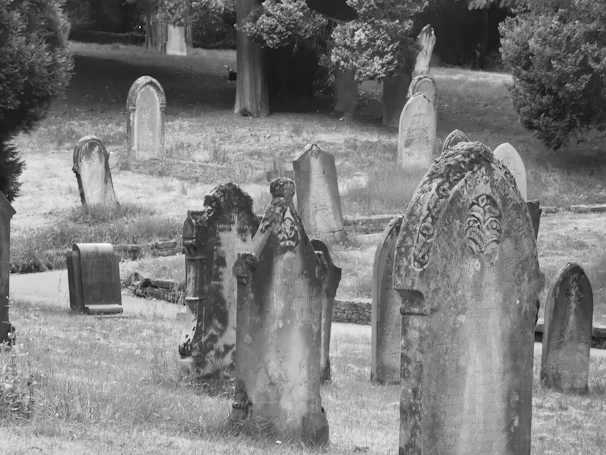 A peaceful view of an old cemetery in Bridgetown with weathered tombstones and lush greenery.