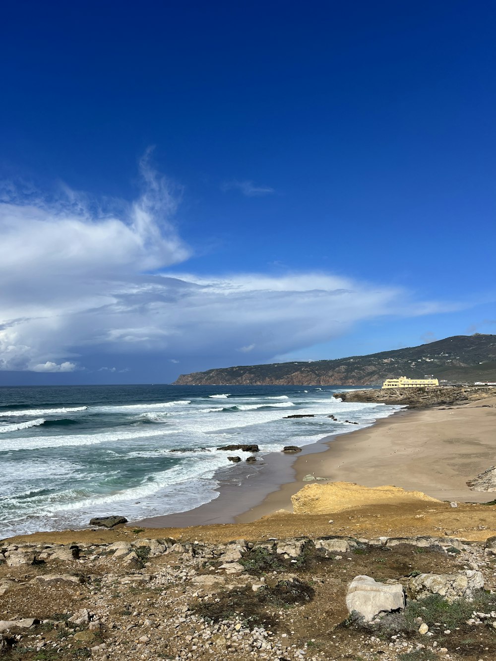 a view of a beach from a cliff