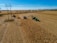 A vast cornfield stretches across the landscape, with two farm machines actively harvesting crops. An industrial combine machine deposits the harvested corn into a green trailer hitched to a tractor. Tall electricity pylons run through the field, casting long shadows on the ground. The sky is clear and blue, contributing to a serene and productive rural scene.