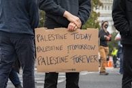 A person stands holding a cardboard sign with the words 'Palestine Today, Palestine Tomorrow, Palestine Forever' written on it. The scene appears to be part of a protest or demonstration. There are other people in the background, some wearing masks, and part of a cityscape is visible.