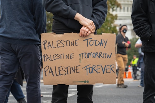 A person stands holding a cardboard sign with the words 'Palestine Today, Palestine Tomorrow, Palestine Forever' written on it. The scene appears to be part of a protest or demonstration. There are other people in the background, some wearing masks, and part of a cityscape is visible.