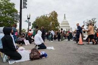 A group of people gather in front of a large, iconic white building with a dome, holding signs and engaging in activities that suggest a protest or demonstration. Some individuals are seated on blankets while others stand holding placards. The atmosphere is busy, with trees and streetlights visible in the background.