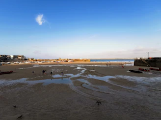 A vibrant coastal scene with a small group enjoying a guided walk along a sunlit harbor.