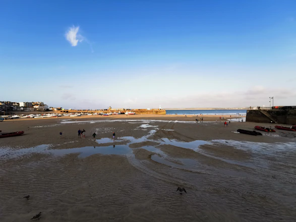 A vibrant coastal scene with a small group enjoying a guided walk along a sunlit harbor.