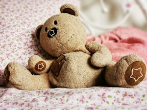 A soft, fluffy teddy bear lies on a patterned floral bedspread, surrounded by pink fabric. The bear has a stitched nose and eyes with decorative stars on its paws and belly.