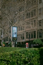 The image portrays an urban scene featuring a pedestrian area with a large digital sign displaying the temperature, which is 29 degrees. Trees without leaves are in the foreground, and their branches extend across the image. In the background, tall buildings with multiple windows line the street. Green bushes are visible at the bottom, adding texture to the scene.