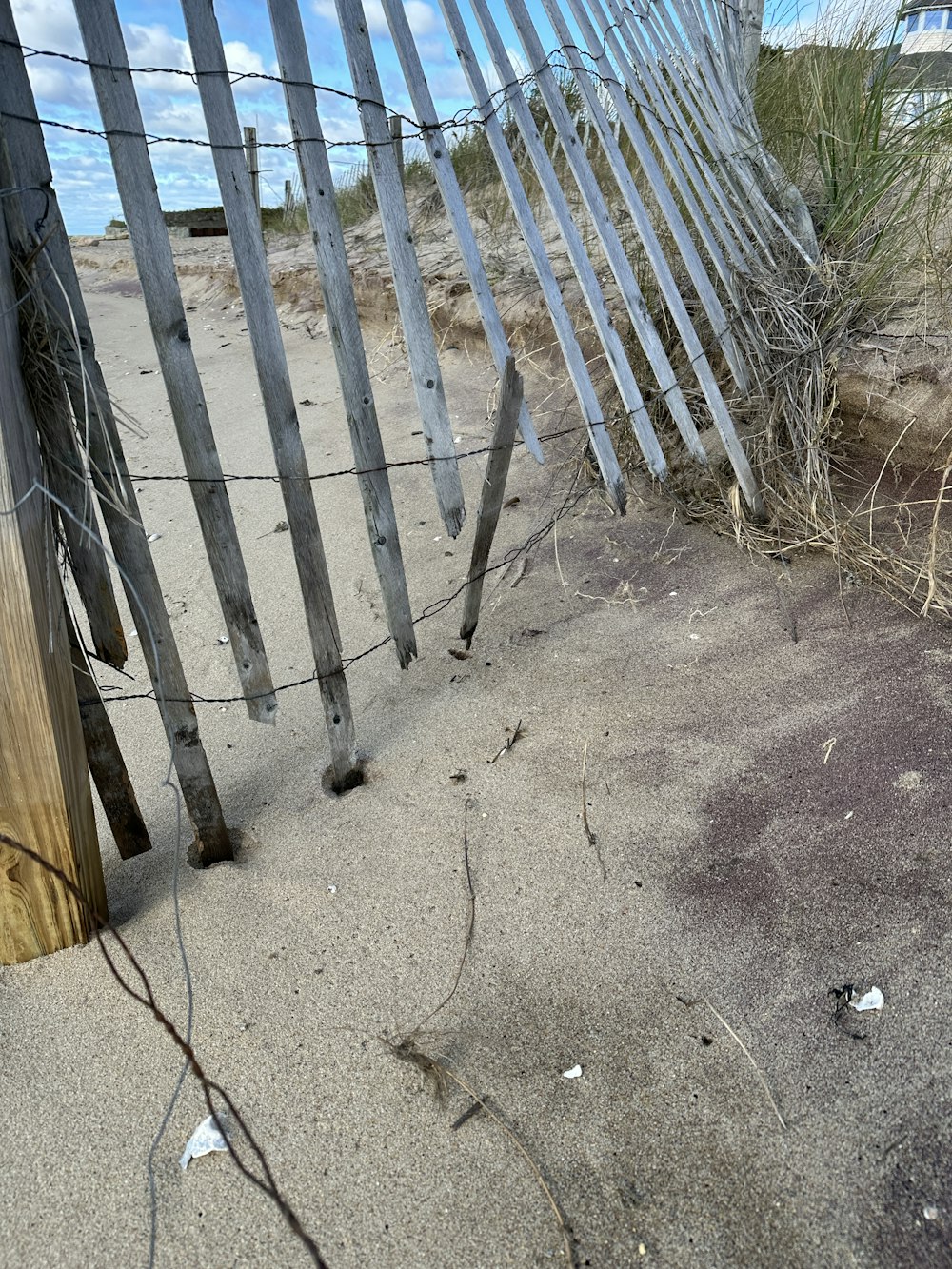 a fence that has a bunch of sticks sticking out of it