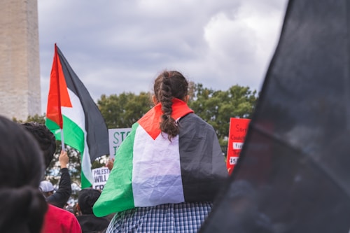 A crowd gathered for a protest with people holding flags and signs. The central figure wears a flag as a cape, featuring black, white, green, and red stripes. Other individuals are visible in the background, some raising their hands, and various protest signs can be seen, emphasizing political messages.
