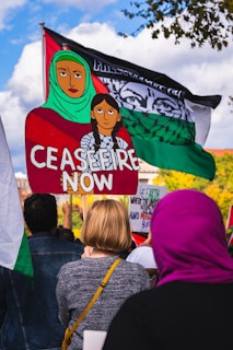 A group of people gathered at a protest holding various signs. One prominent sign features an illustration of two individuals with the message 'Ceasefire Now'. Another flag with a mix of green, black, and white is visible, possibly conveying a political statement.