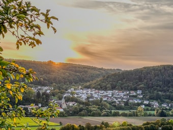 A serene landscape featuring a small village nestled among lush green hills under a softly lit sky with the sun setting in the distance. The foreground includes branches of a tree with green leaves, adding a natural frame to the scene. The village has several houses scattered amidst dense vegetation, providing a picturesque view of rural tranquility.