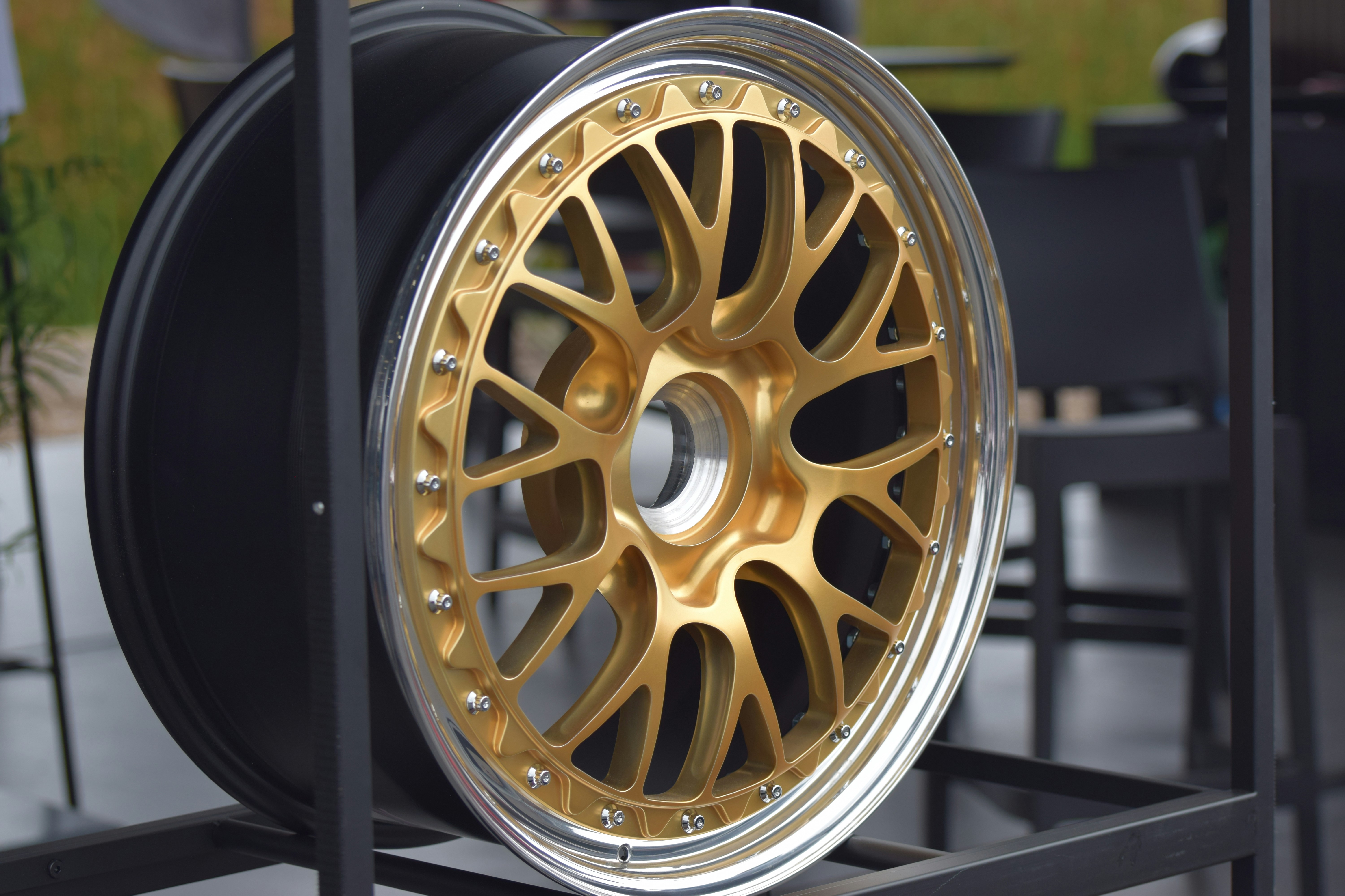 a close up of a wheel on a rack