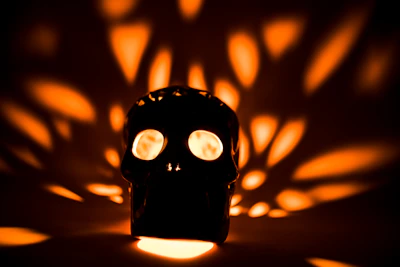 An artistic skull-shaped candle holder casting warm shadows on a wooden shelf.