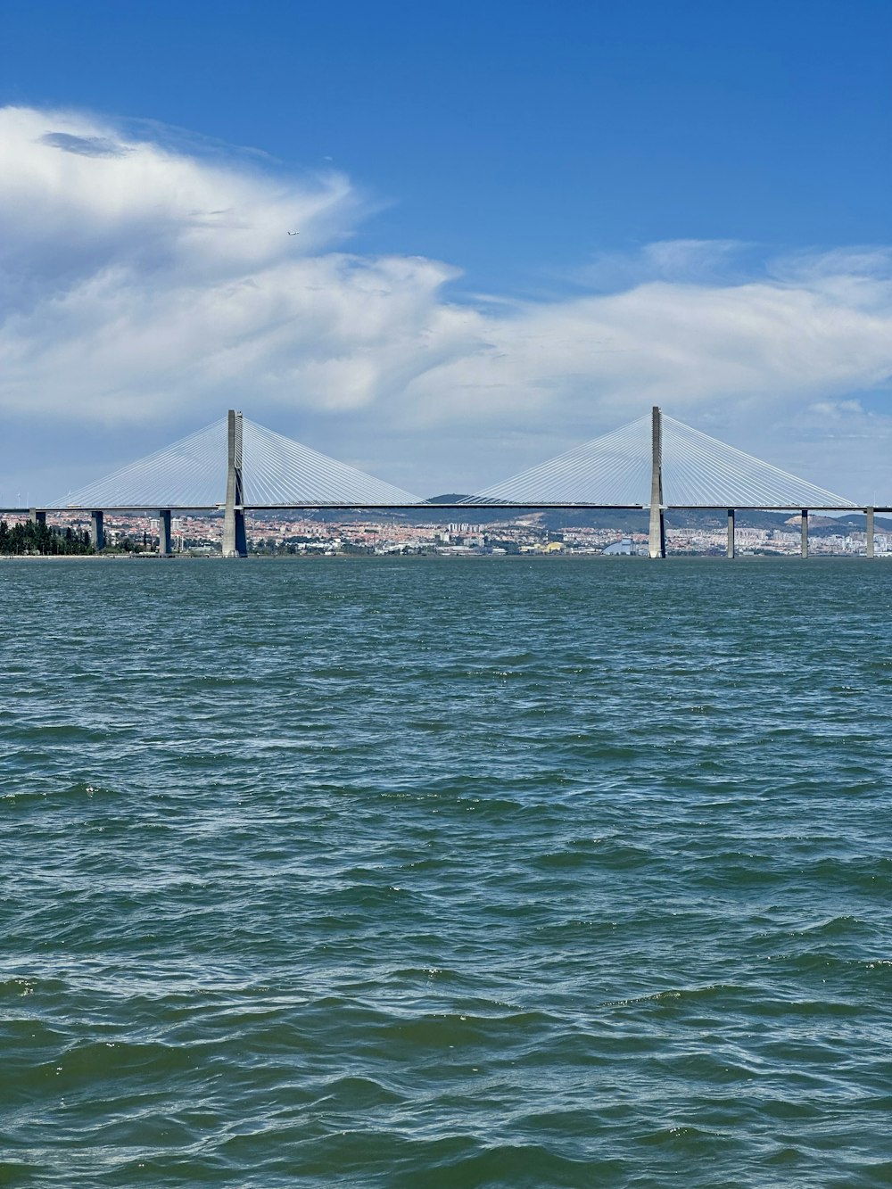 a large body of water with a bridge in the background