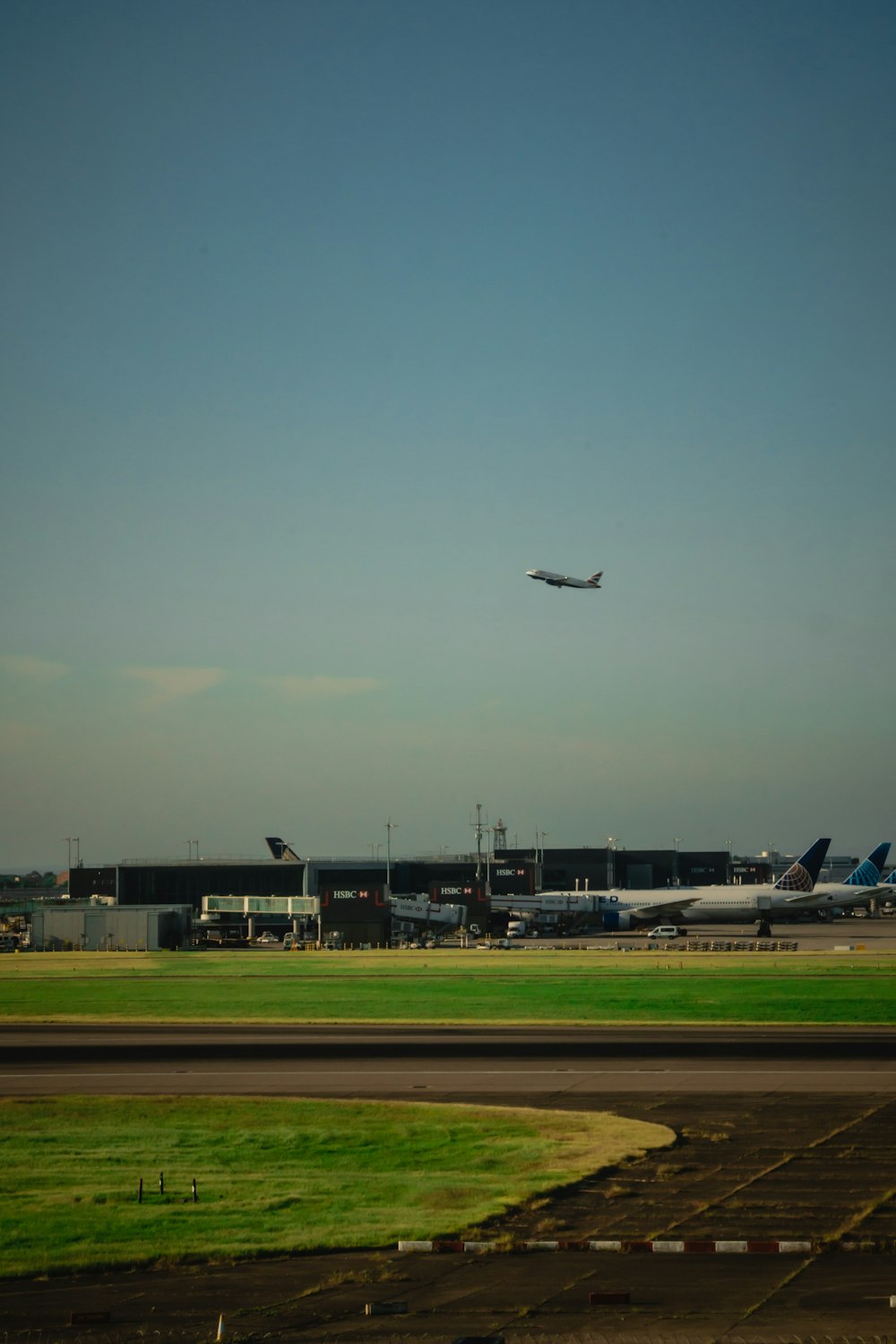 a large jetliner flying over a lush green field