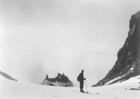 A person is standing with skis and poles on a snowy mountain slope, surrounded by rugged peaks and expansive snow fields under a cloudy sky. The scene evokes a sense of solitude and adventure in the natural mountain environment.