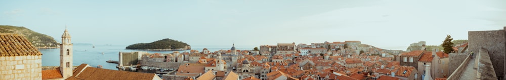 an aerial view of a city and a body of water