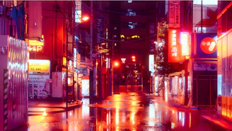 Street scene with culturally sharp visuals and glowing neon signs at night