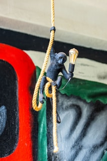 A black monkey figure is gripping a yellow rope while holding a light bulb in one hand. The background features a colorful mural with abstract shapes and colors like red, green, and black.