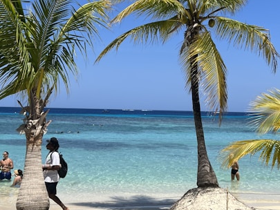 A couple relaxing on a tropical beach with clear blue waters and palm trees.