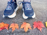Close-up of running shoes on a dirt path with fallen leaves.
