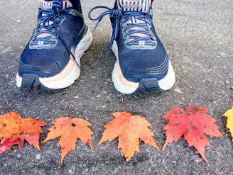 A pair of running shoes on a trail path surrounded by autumn leaves.
