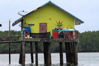 A lime green stilt house stands over a body of water, with a forest visible in the background. The house is adorned with various items, including satellite dishes, a blue barrel, and multiple bicycles parked along a walkway. The door has the word 'Liverpool' written on it, and there's a colorful mural of a star and leaf pattern on the wall.