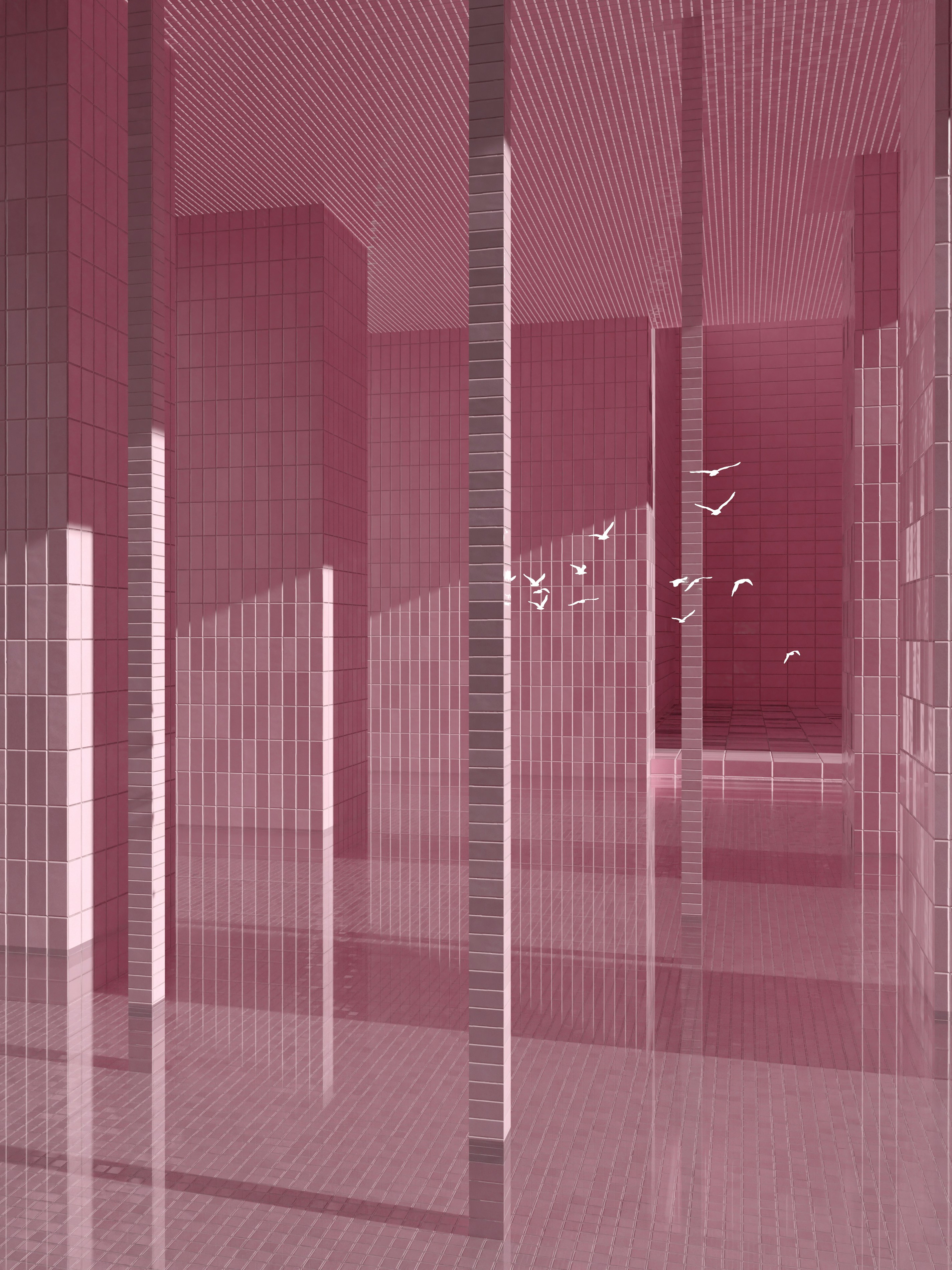 a room with pink walls and tiled floors