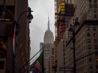 A cityscape view with the Empire State Building prominently featured in the center background, seen between tall buildings on a cloudy day. Streetlights and flags are visible in the foreground, alongside a sign marking East 46th Street.