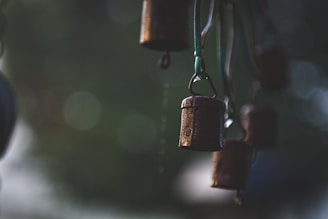 Hanging metal bells are suspended from cords, creating an artistic arrangement. The background is blurred, giving prominence to the bells, which have a rustic, weathered appearance. The ambiance is serene, emphasized by the soft light.