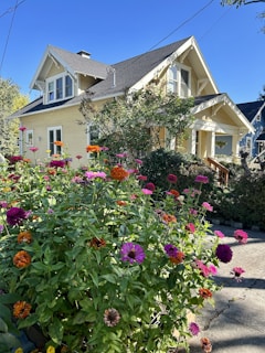 A cheerful yellow exterior of a small house surrounded by lush green plants and flowers.