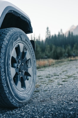 A close-up view of a rugged vehicle tire on a gravel road, with a forest and mountains in the background. The tire is marked with the brand Goodyear and features a multi-ribbed tread pattern suggesting off-road capabilities. The background shows a blend of green trees and a distant, slightly blurred mountain range under a clear sky.
