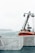 A lifeboat is secured on the deck of a ship. The deck is surrounded by white metal railings, and the background shows a misty sea with an overcast sky. An island can be seen in the distance.