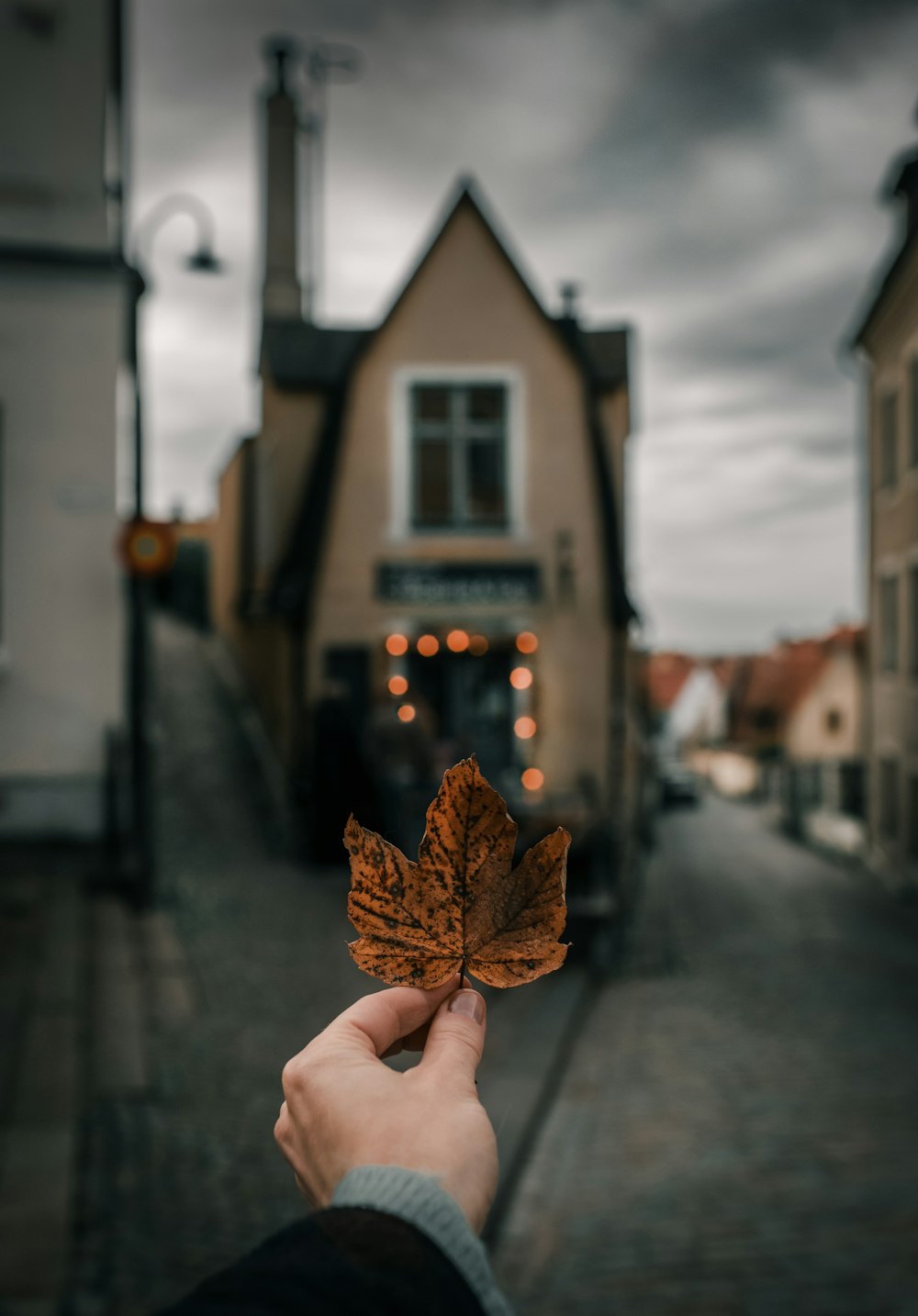 a person holding a leaf in front of a building