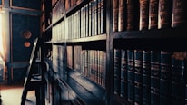 a row of books on a shelf in a library