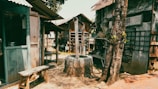 A rustic outdoor scene featuring several wooden and corrugated metal structures. A tree stands prominently to the right, with a circular stone well in the center. There are a few benches made of wood and various objects scattered around, suggesting a quaint and possibly rural setting.