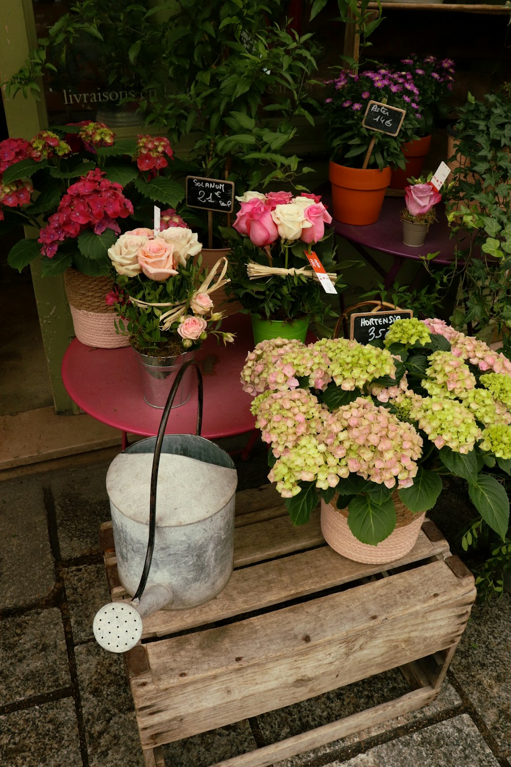 a bunch of flowers that are sitting on a bench