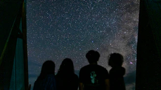 Two silhouettes separated by a translucent grid with star coordinates.